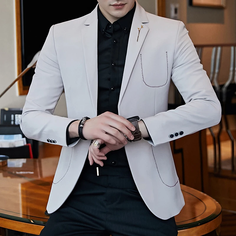milky white Мужской Блейзер, Модный деловой пиджак, умный Повседневный английский стиль, с карманами, приталенный, 3Xl, длинный рукав, Homme, Ретро стиль, мужской блейзер - Цвет: milky white