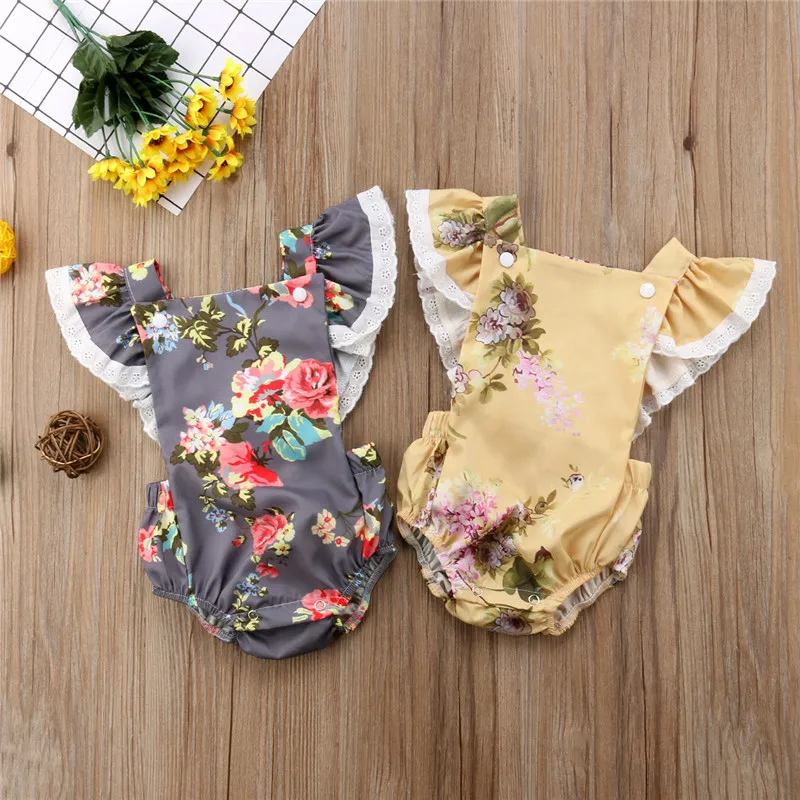 MIOIM Newborn Baby Girls Cotton Bodysuit Lace Flower Romper Front Buttons Jumpsuit