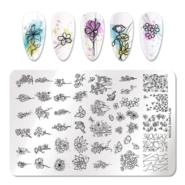 DIARY Line Flower Nail Stamping Plates Chinese Style Letter Pattern Nail Art Stamp Templates Face Leaf Printing Stencil