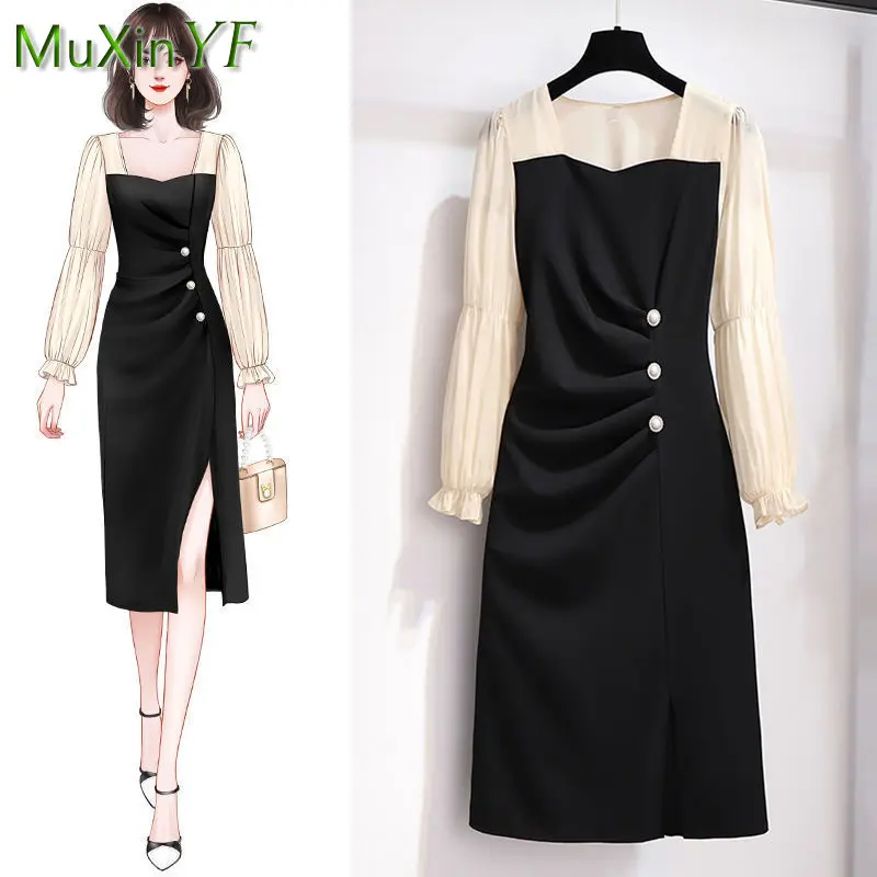 

French Vintage Black Dress 2024 Spring New Long Sleeve High Waist Sexy Dresses Women Casual Light Midi Skirt Female Clothing