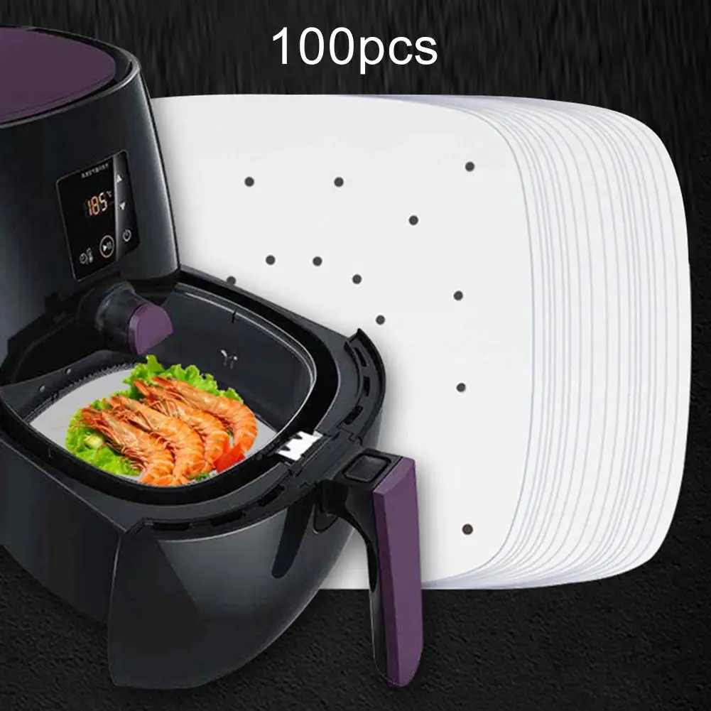 

100Pcs Perforated Square Non-stick Air Frying Pan Pad Barbecue Paper Steam Mat