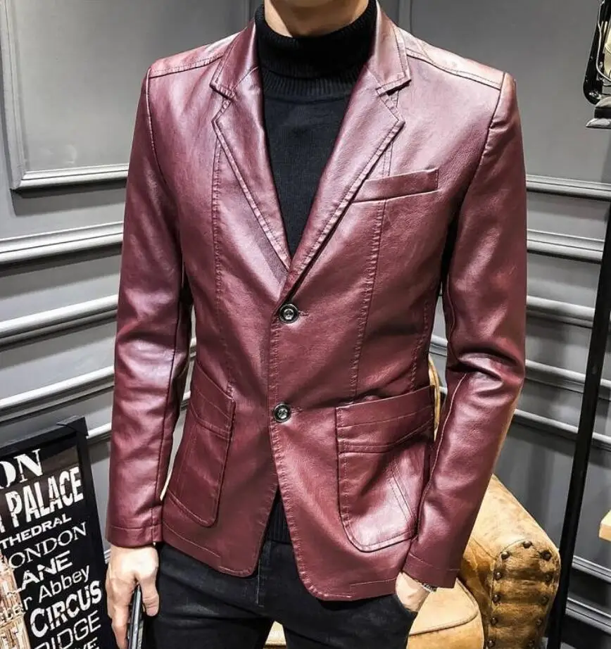 mens leather motorcycle jackets Autumn Winter Coats Jackets Men Solid Color Faux Leather Suit Jacket Long Sleeve Lapel Blazer Men's Jackets and Coats F82902 genuine leather motorcycle jackets