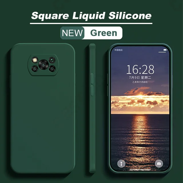 Poco X3 M3 F3 Pro Case New Square Liquid Silicone Soft Thin Cover Funda For Xiaomi Redmi note 10 Pro 4G 5G mi 11 10T 10S 11i dark green