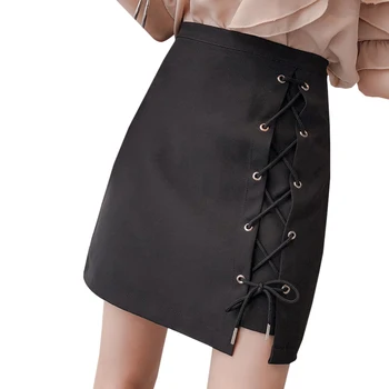 

Korean Ulzzang Office Lady High Waist A-Line Mini Skirts Women Lace-Up Solid Package Hip Skirts Autumn Female Above Knee Skirts