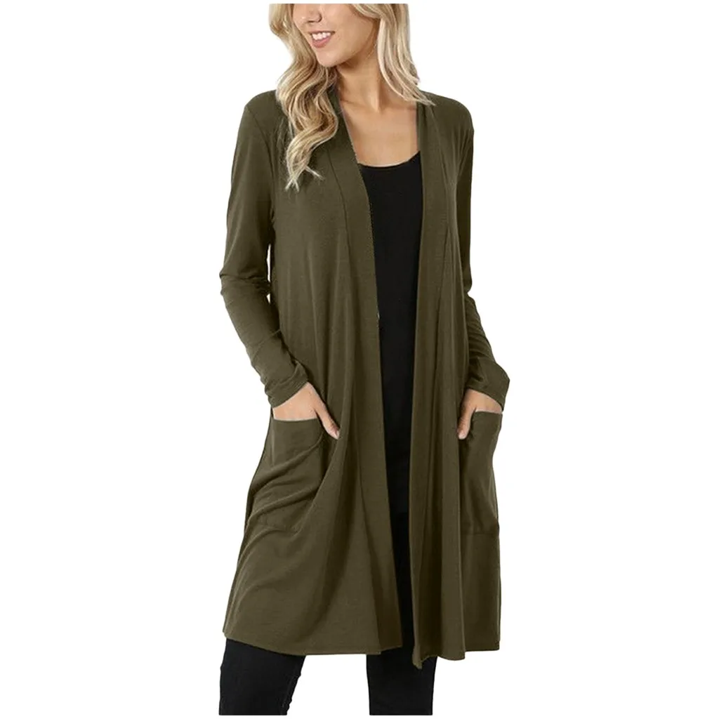 JAYCOSIN Cardigan Women Long Sleeve Coats New Female Elegant Pocket Outerwear long cashmere double pocket Front Cardigan Open 1