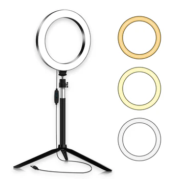 

20cm / 8 Inch Diammable 3200K-5500K Bi-Color Ring Video Light Adjustable Selfie Stick 3pcs Lighting Modes with Tabletop Tripod