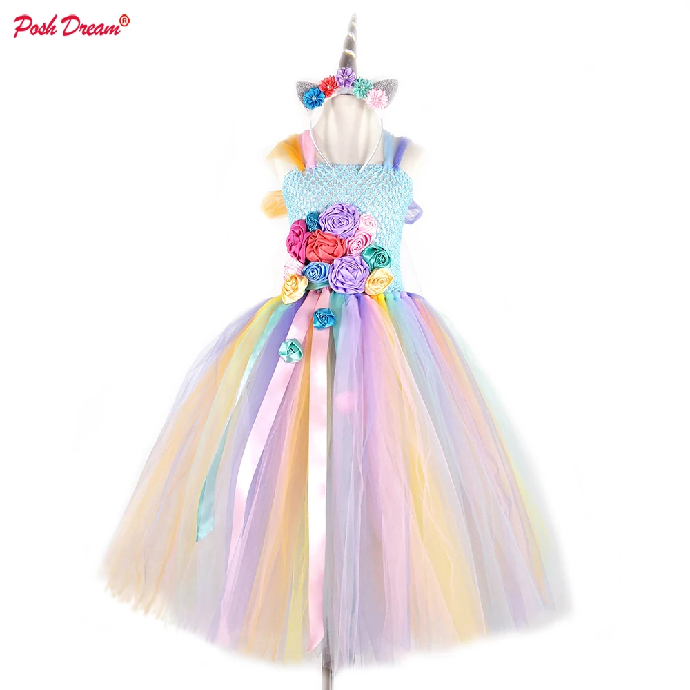 

POSH DREAM Gorgeous Unicorn Long Ball Gown For Children Flower Rainbow Unicorn Kids Girls Tutu Dress Halloween Birthday Costumes