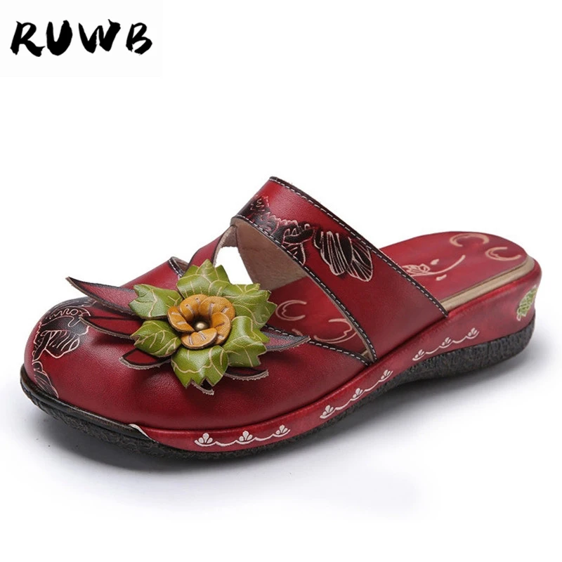 

RUWB Ethnic Style Plus Size Round Toe Soft Flat Bottom Women Slippers Lady Casual Genuine Leather Summer Shoes Chaussures Femme