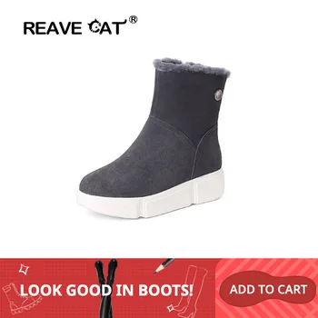 

REAVE CAT Ankle Boots Cow suede Plush Round Toe Snow women winter's Platform Boots Flat with Zipper Keep Warm size 34-39 Casual