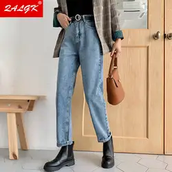 Calças de brim femininas 2021 outono e inverno calças coreano estudantes mais cashmere quente solto em linha reta senhoras temperamento moda feminina