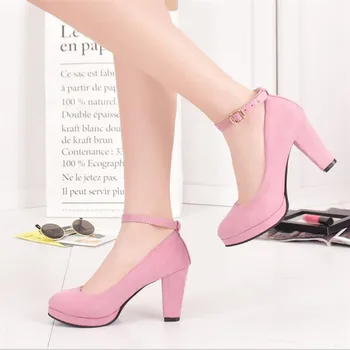 

Autumn Women's Pumps Flock Sweet Woman Thick High Heels Ankle Strap Flock Female Platform Mary Jane Women Shoes Ladies Footwear