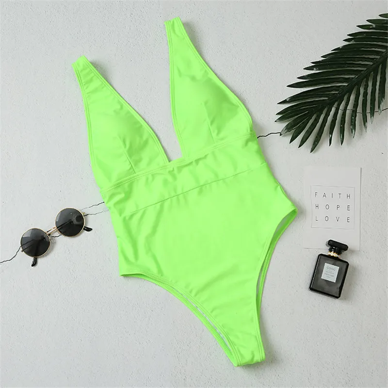 neon green Женский купальник, красный, сексуальный, сдельный купальник, открытая спина, однотонный, глубокий v-образный вырез, с глубоким вырезом, монокини, купальник, боди, купальник для женщин - Цвет: neon green