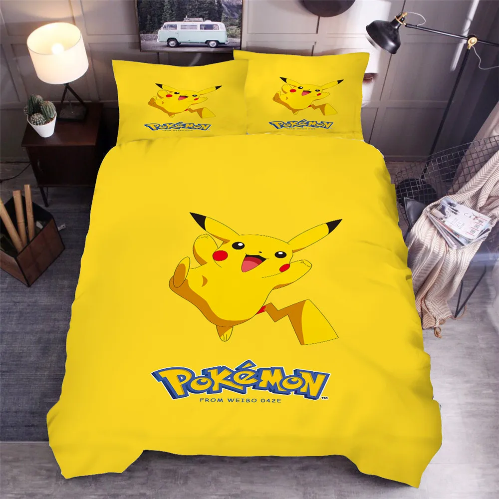 Pikachu Cartoon Anime Bedding Set 3D Print Pokemon Series Bed Linen Set Pillowcase 2/3Pcs Single Double Bed Cover Home Textiles