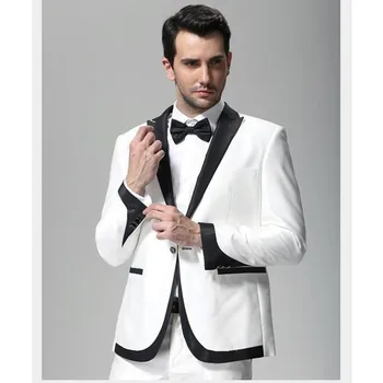 

White and Black Mens Wedding Tuxedos For Grooms Wear Slim Fit Man Groomsmen Prom Party Mens Suits Dinner Jacket+Pant
