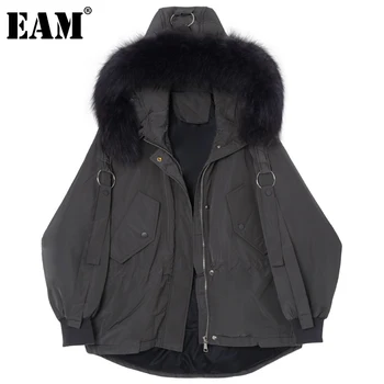 

[EAM] Loose Fit Big Size Pocket Down Jacket New Fur Hooded Long Sleeve Warm Women Parkas Fashion Tide Autumn Winter 2020 1DD0386