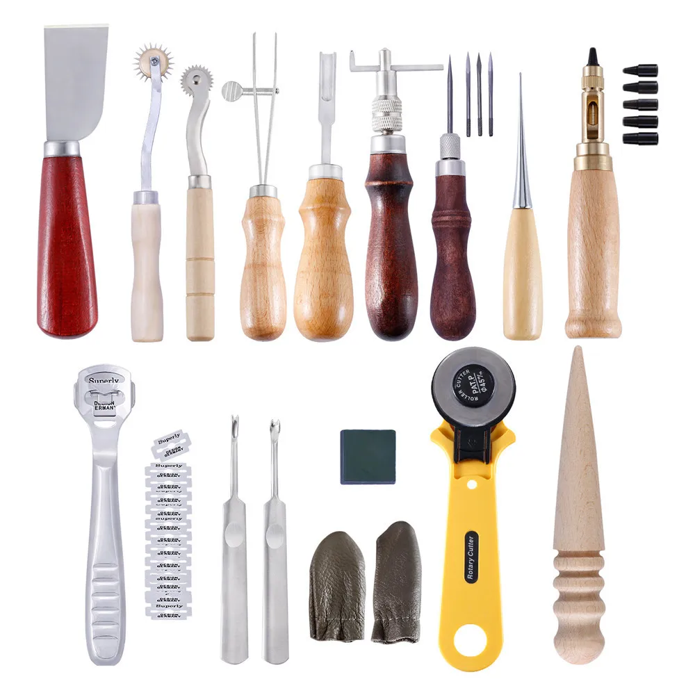 

DIY Leather Craft Tool Kit Hand Leather Cutter Wheel Trencher Automatic Belt Punch Thinning Blade Thinning Knife Finger Tips