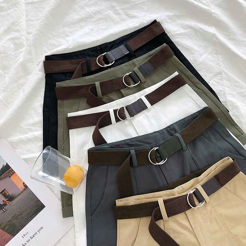 

Summer Shorts Women 2020 Korean Casual High Waist Pockets Classic Cuffed Cargo Shorts With Sashes 5 Colors