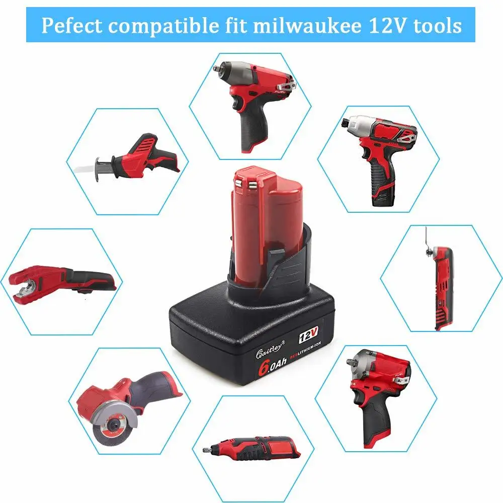 Waitley 2 упак. 12V 6.0Ah батарея для Milwaukee M12 электроинструменты совместимы 6000mAh Замена