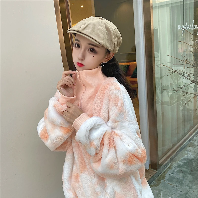 Tie Dye Faux толстовки из овечьей шерсти женские толстовки на молнии осенние модные повседневные толстовки с длинным рукавом из пушистого флиса