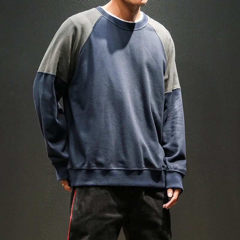

2019 autumn and winter men's new casual contrast color stitching long-sleeved round neck loose temperament trend cotton hoodies