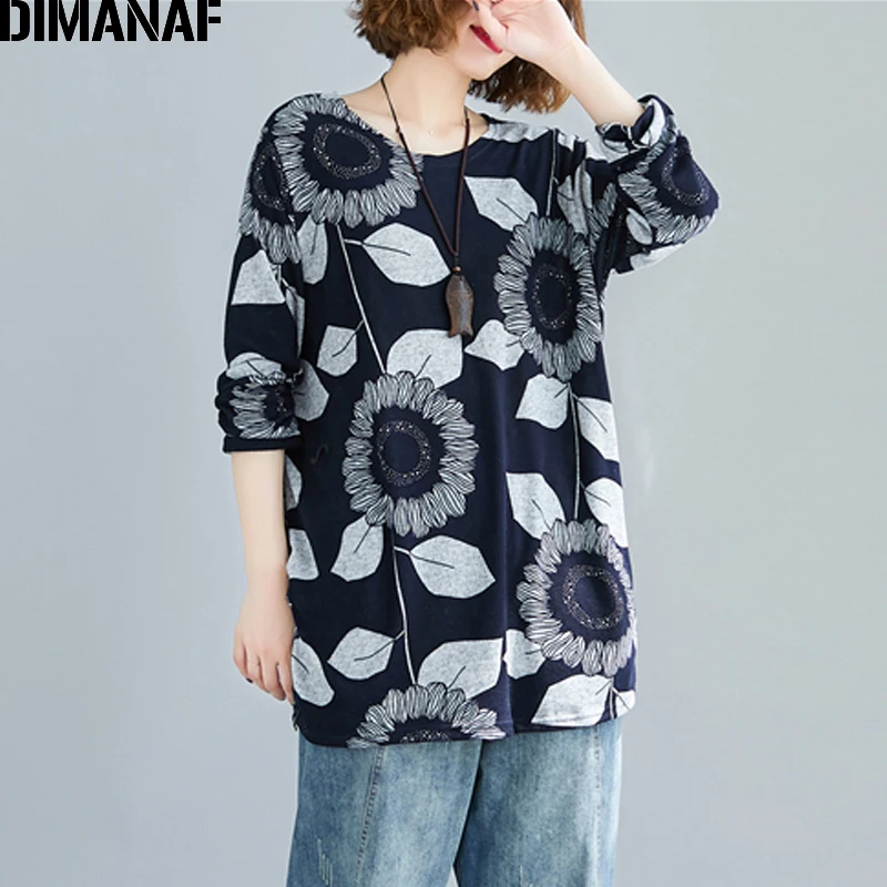 Ben2872 DIMANAF, женские футболки размера плюс, женские топы, футболки, эластичная одежда, базовая однотонная свободная Осенняя туника с длинным рукавом, рубашки с цветочным принтом - Цвет: Ben2872