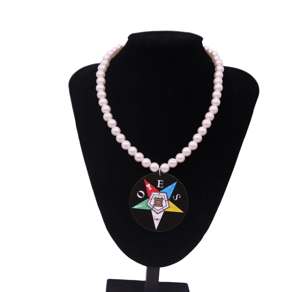 

Abadon Five Pointed Star Natural Wooden Painted OES Order of Easter Star Strand Pearl Necklaces Society Group Memory Jewelry