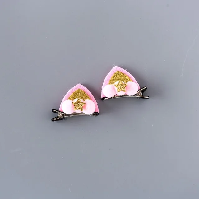 2pcs/Set Cute Hair Clips For Girls Glitter Rainbow Felt Fabric Flowers Hairpins Cat Ears Bunny Barrettes Kids Hair Accessories Pink Ball
