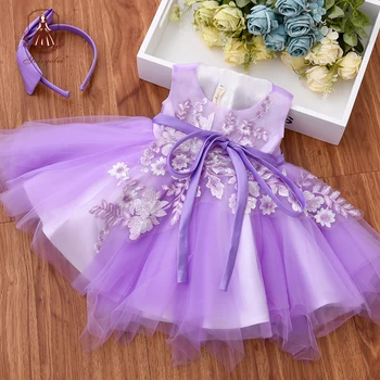 

Yoliyolei Kids Dress for 1st Year Baby Girl Clothes Casual Newborn Child Tulle Pieces Purple Flower Dresses with Appliques