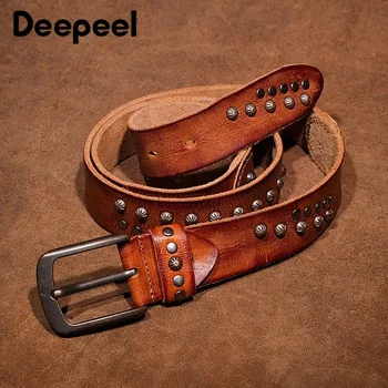 

Deepeel 1pc 3.8cm*105-125cm Men's Rivet Retro Belt Suede Leather Pin Buckle Waistband Hand-stitched Men Belts with Jeans YK679