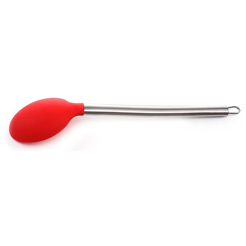 Silicone Serving Spoon- With Strong Silicone Covering Head& Stay-cool Stainless Steel Handle Red+ silver