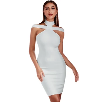 

2020 Women's Dress Halter Backless Low Stretch Silk Bandage Hip Skirt Pure White Back Zipper Off-shoulder Cross Collar