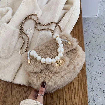 

Elegant Female Pearl Tote Bag 2019 winter new high quality soft plush Women's Designer Handbag Lock Chain Shoulder Messenger Bag