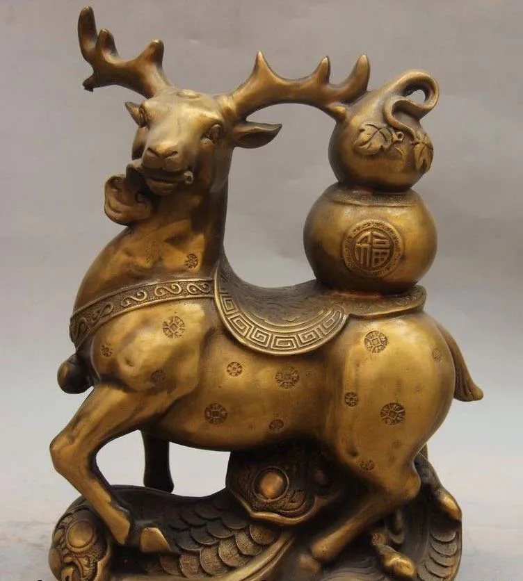 Китайская королевская бронзовая медная бутыль Тыква Ruyi Лось Wapiti олень богатство статуя денег
