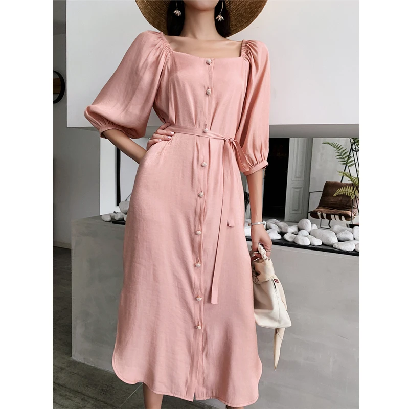 

Vintage Luxury Pink Satin Dress Woman Lace Up Square Collar Shirt Dress 2019 Fashion Autumn Women's Clothing Dress