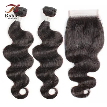 

BOBBI COLLECTION Indian Body Wave Bundles With Closure Natural Color Non Remy Human Hair Weave 3/4 Bundles with Lace Closure