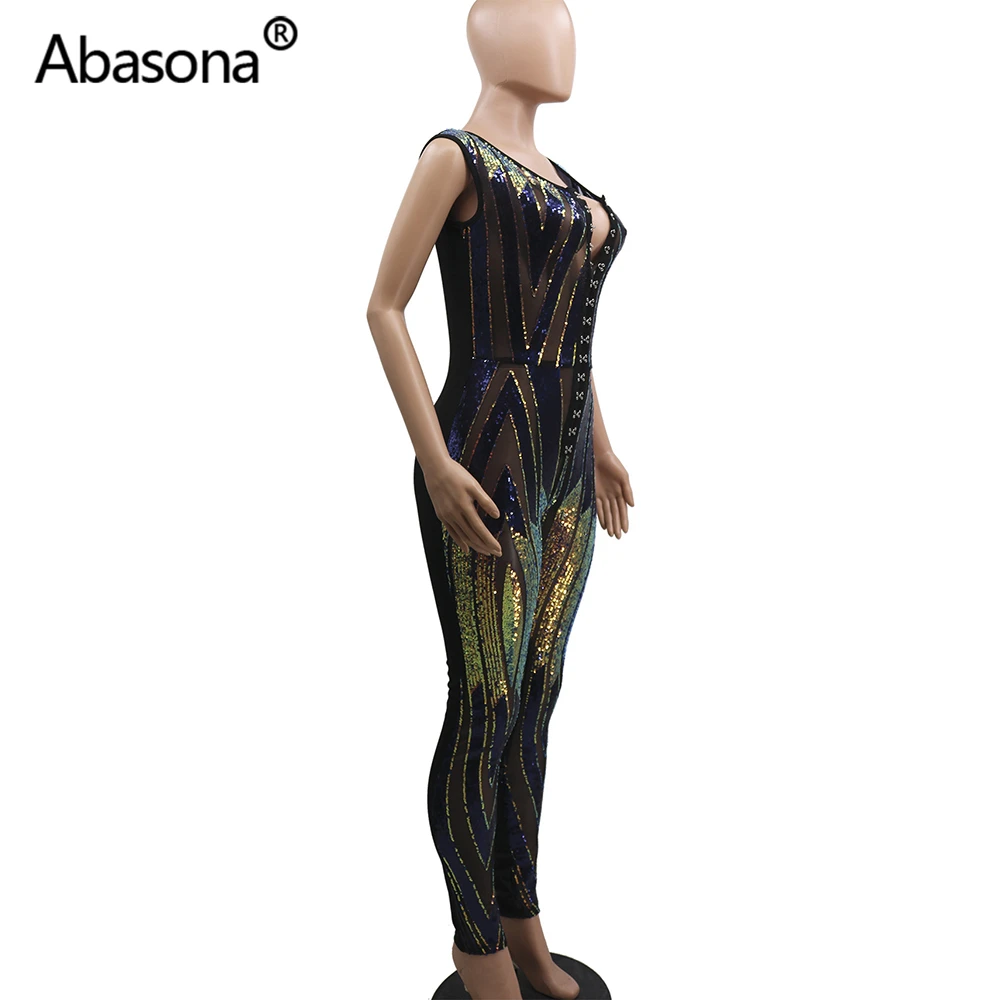 Abasona/осенний Облегающий комбинезон без рукавов с блестками, полосками и сеткой в стиле пэчворк, сексуальный Облегающий комбинезон на пуговицах для ночного клуба, вечерние комбинезоны