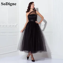 SoDigne A-Line Vintage Black Dotted Prom Dresses One Shoulder Ankle Length Tulle Evening Gowns Formal Dress Party