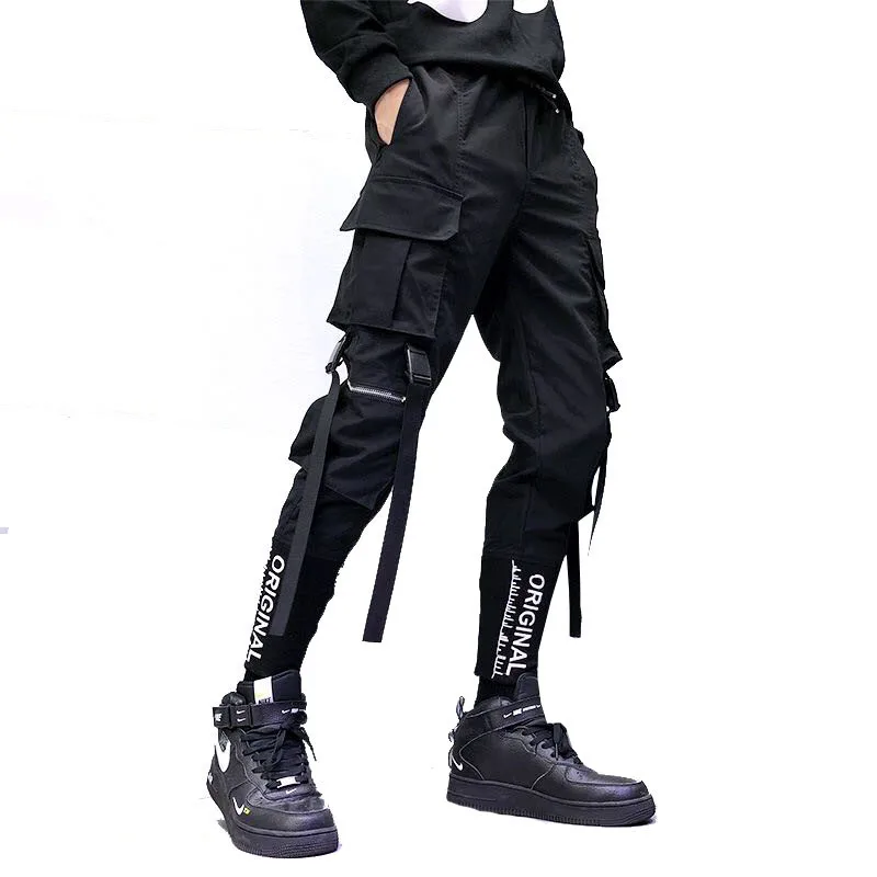 Pantalones Cargo con cintas para hombre, ropa de calle informal de cintura elástica, estilo Hip Hop, Harajuku, color negro, 2020