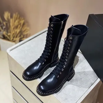 

Mid-calf Boots Women Metal Rivet Decoration Female Cool Thick Flat Heel Zipper Versatile Style 2020 New Fashion Luxury Designer