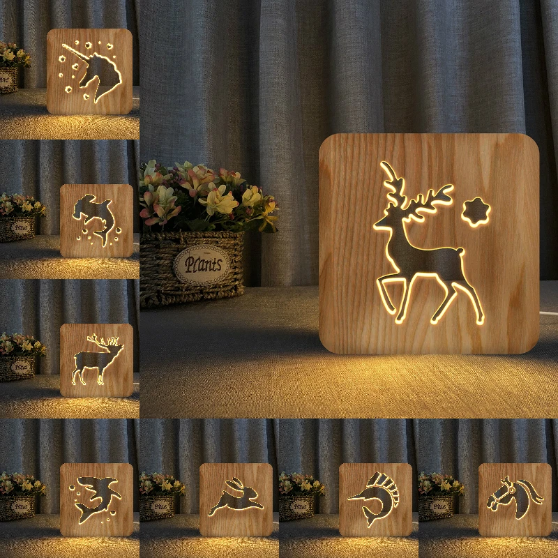 

Shark Horse Deer Unicorn 3D LED Wooden Night Light Hollow Table Lamp USB Power Desk Lights For Baby Kids Decor New Year Gift