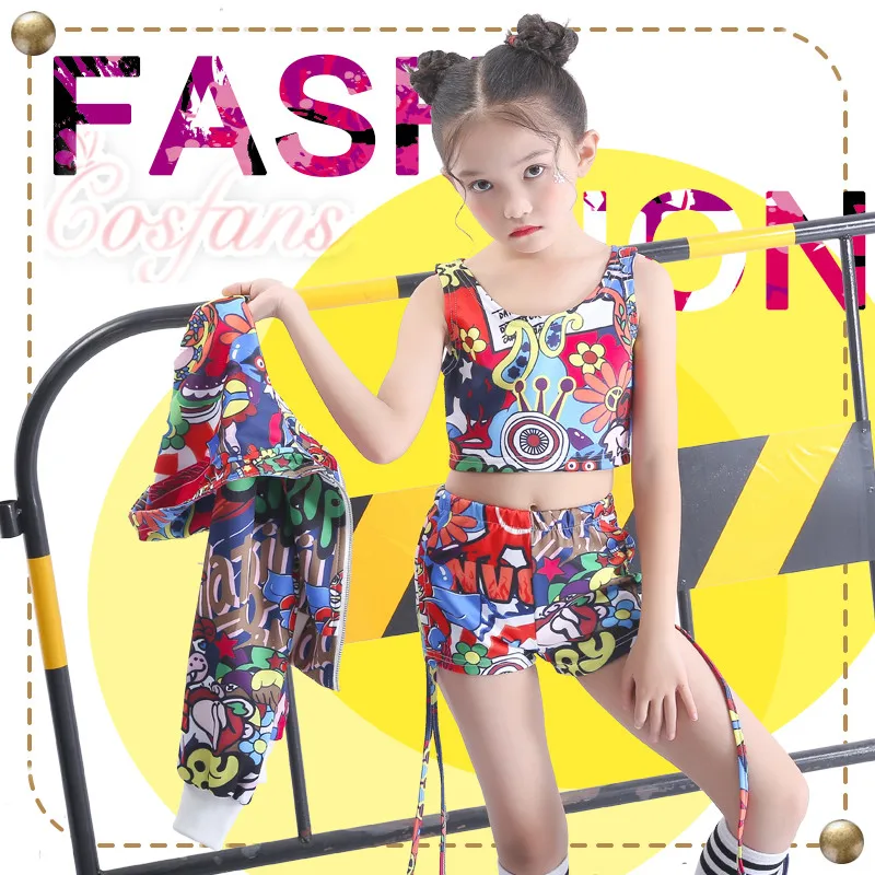 Kids Jazz Dance Child Costume Fashion Print Vest Shorts Coat Jacket Stage Performance Dancing Outfit girls Hip Hop Clothing set |