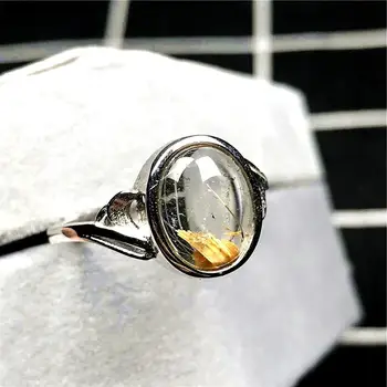

Top Natural Gold Rutilated Quartz Ring For Woman Lady Man Love 12x10mm Beads Silver Clear Crystal Adjustable Ring Jewelry AAAAA
