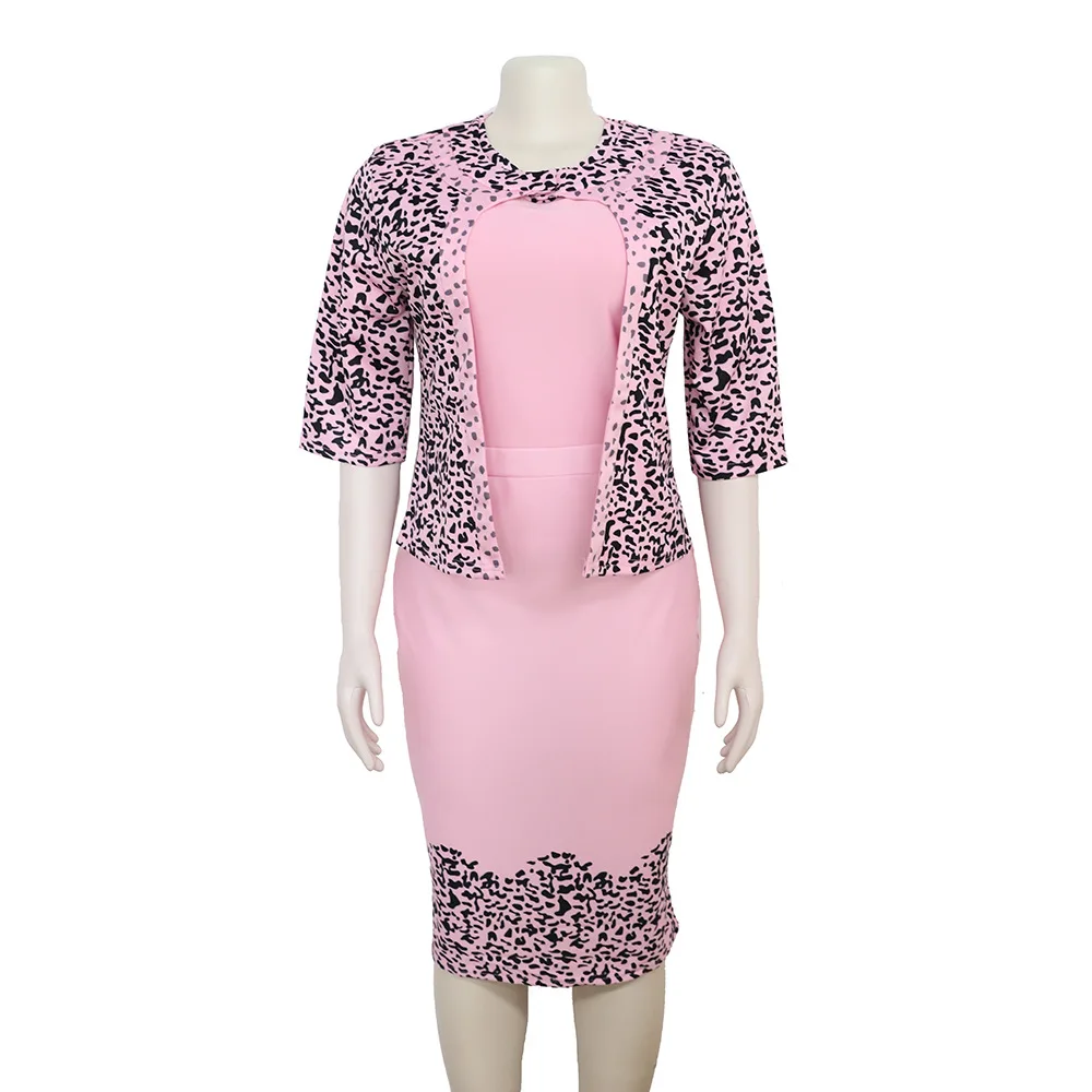 Большие размеры, африканские женские платья и пальто, костюмы из двух предметов, розовое леопардовое элегантное облегающее платье, офисные женские осенние новые костюмы