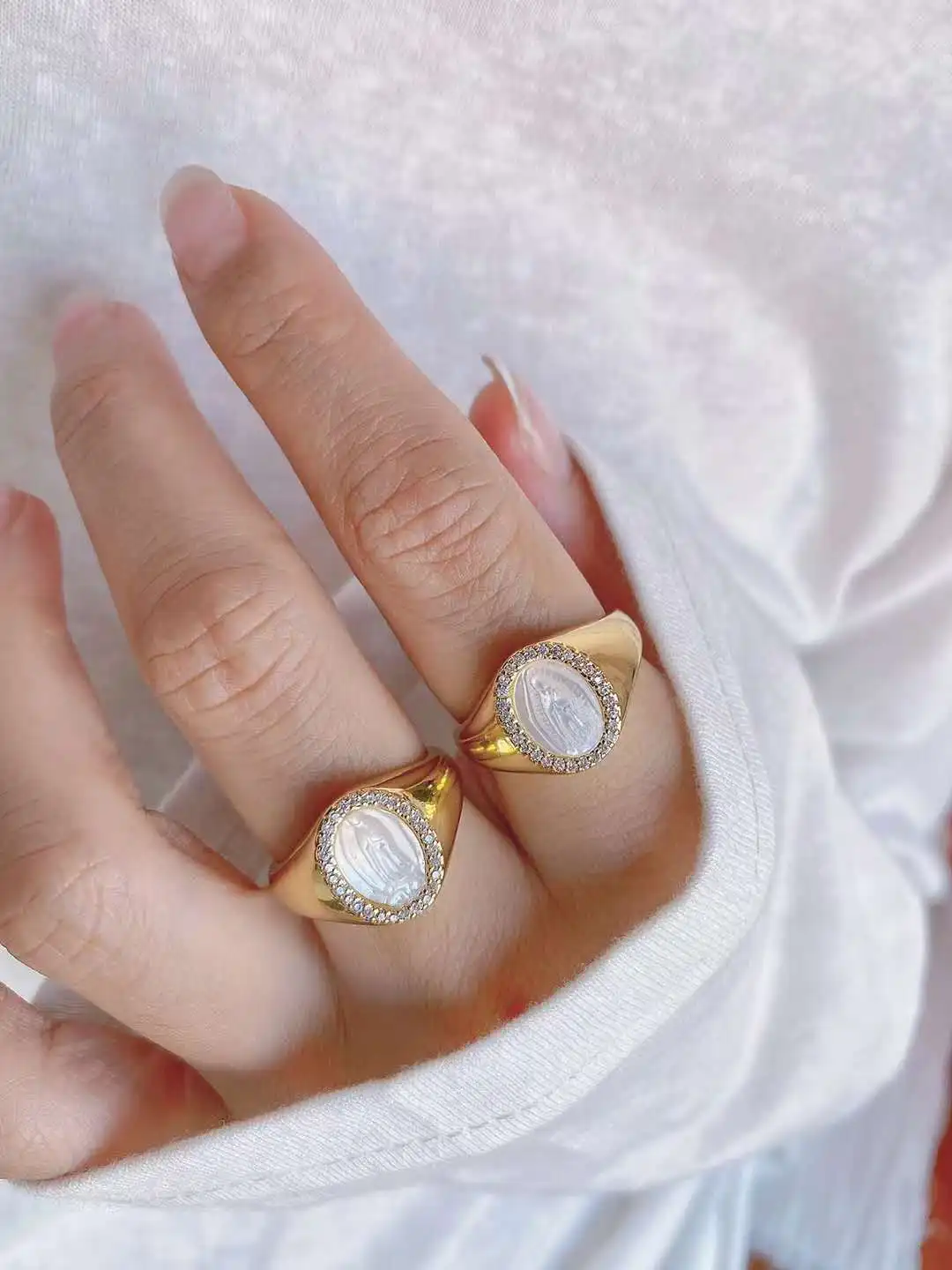 2PCS Shell Gold Filled CZ Adjustable Ring for Women Rings Round Ring Exquisite Trend