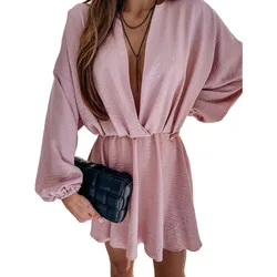 Vestido de oficina de color liso para mujer, elegante minivestido holgado con cuello en V profundo, a la moda, informal, manga larga, para fiesta