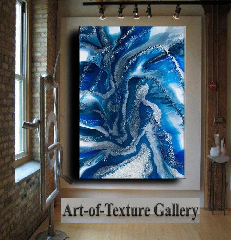 Huge Glass Crystal Resin Agate Painting Custom Geode Original Abstract Modern Blue Navy Silver Leaf Glitz Crystal Sold Painting Painting Calligraphy Aliexpress