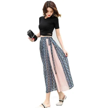 

Skirts Womens Summer New Lace-up Chiffon Skirt Stitching Printing Korean Pleated Skirt Women