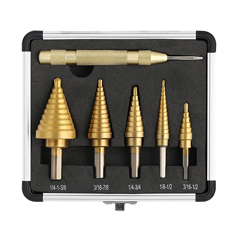 

HSS 5PCS Titanium Step Drill Bit Set with Automatic Center Punch, 50 Sizes In 5 High Speed Steel Drill Bits Set