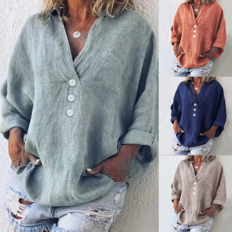 

2019 Women V-neck Shirts Plus Size 5XL Long Sleeve Loose Summer Solid Color Button Front Blouse Casual Women Comfort Shirt Blusa