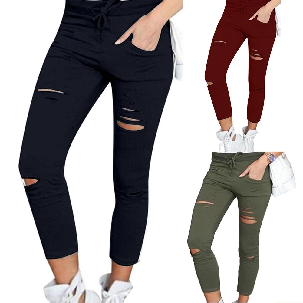 Plus Size Solid Color Womens trousers Drawstring High Waist Pencil Pants Ripped Skinny Womens trousers sports pants Leggings leggings